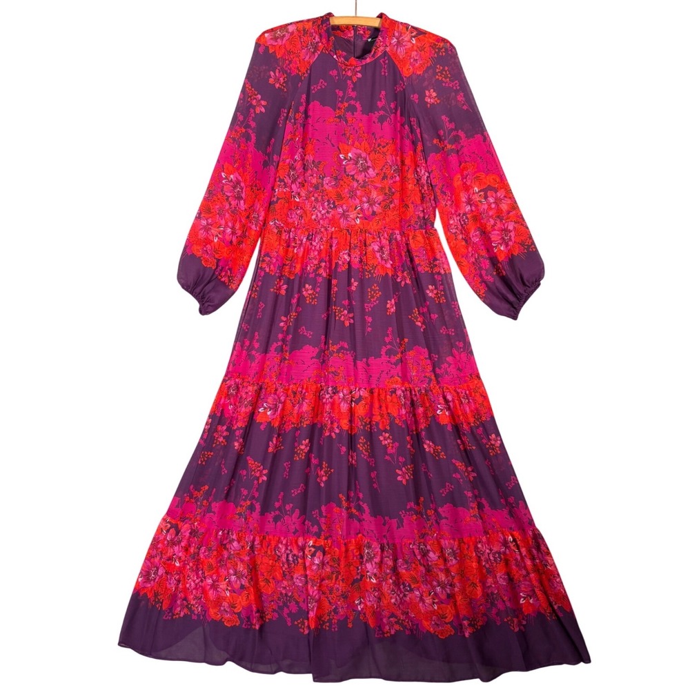 Maison Tara Purple Pink Floral Tiered Maxi Dress High Neck Long Sleeve Size 12